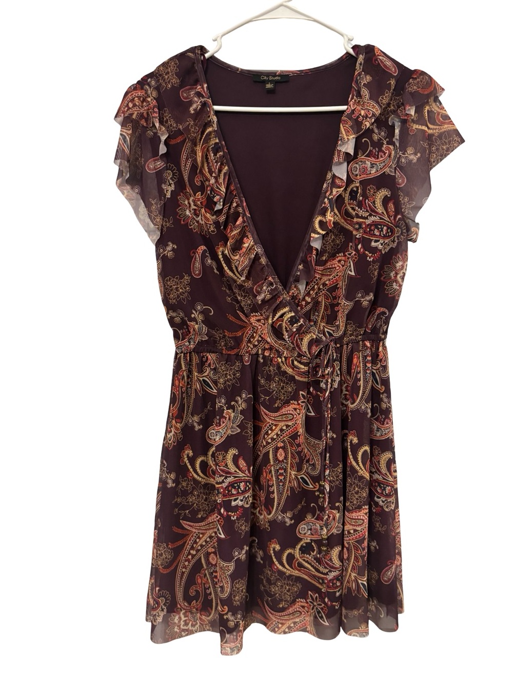 City Studio Burgundy Paisley Ruffle 70’s Boho Whimsigoth Wrap Mini Dress Large